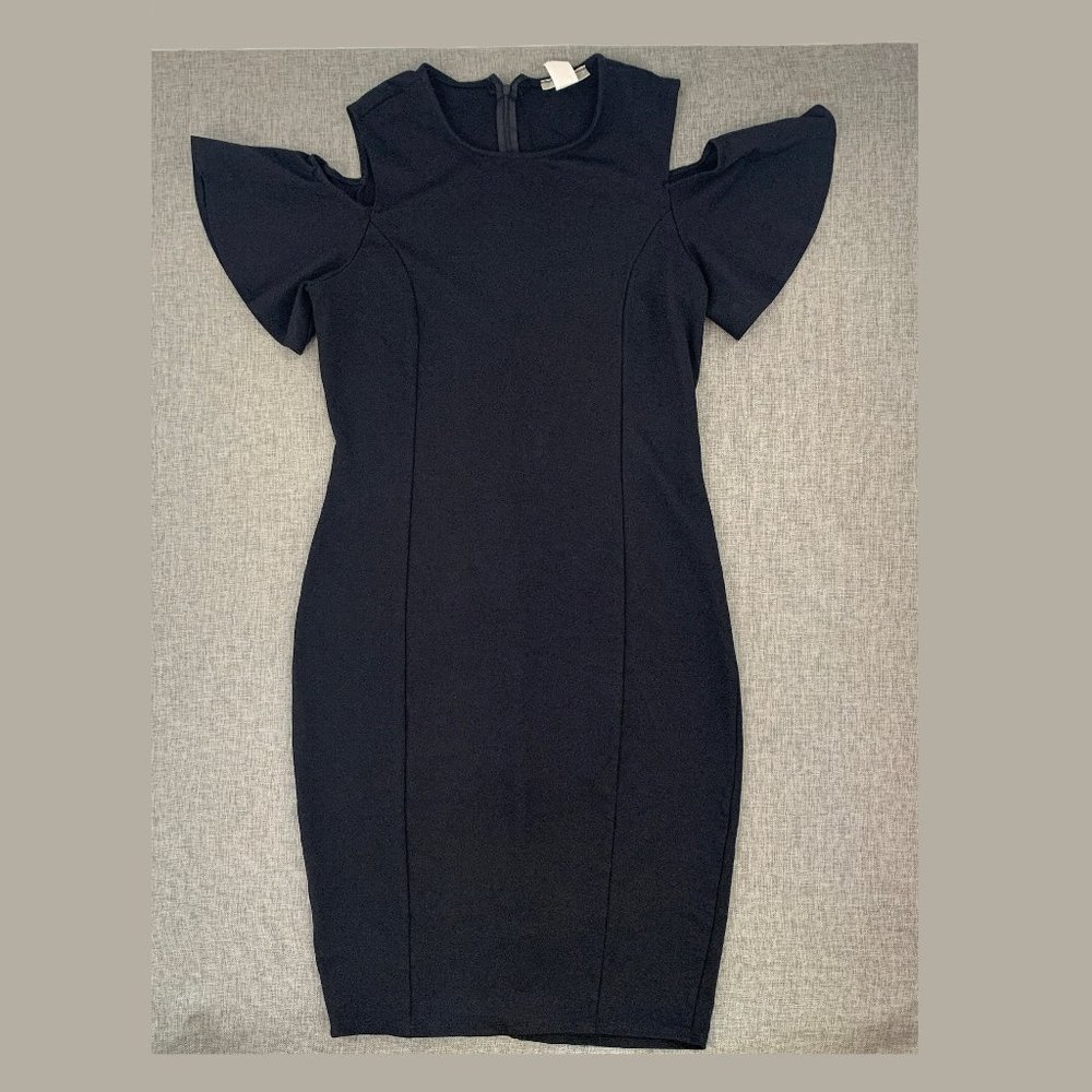 Quum Shop Black Evening‎ Bodycon Dress 1XL Rayon Nylon Cold Shoulder Ruffled